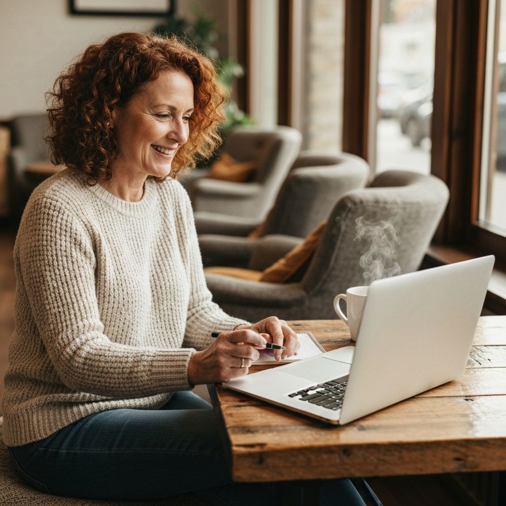 Happy person working on laptop at coffee shop